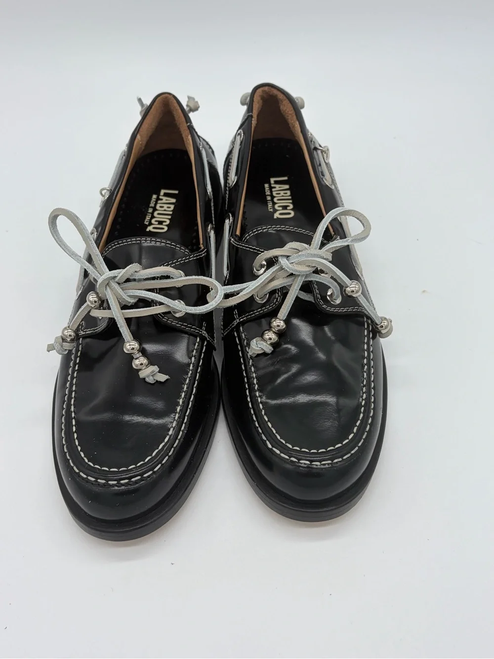 Labucq Black Patent Leather Boat Loafers with Light Gray Laces EU 39 US 9